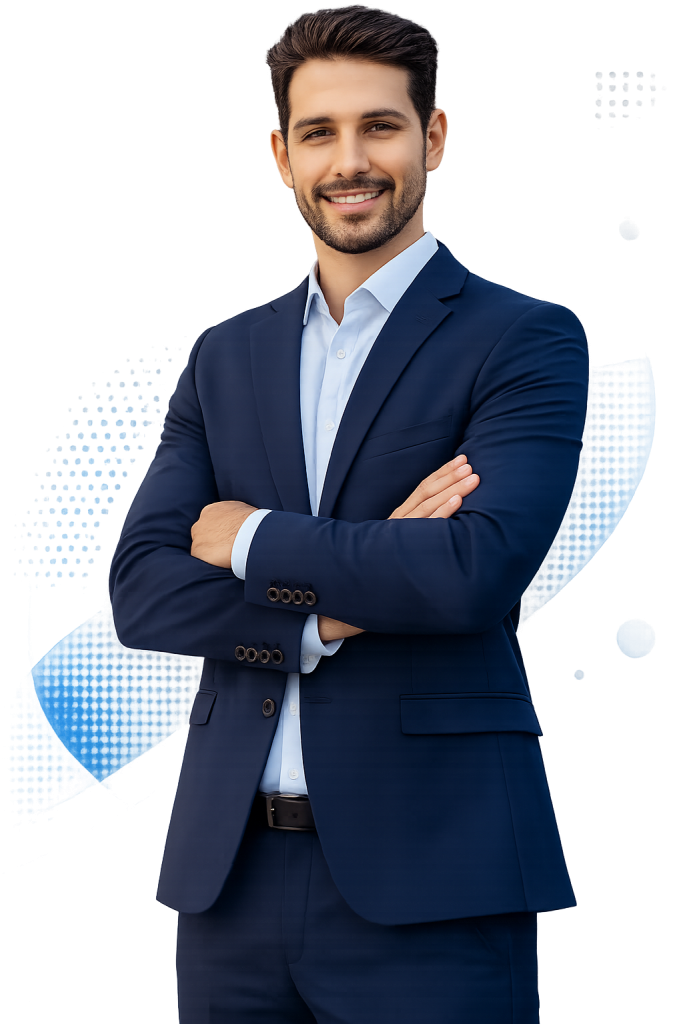 Confident businessman in a navy blue suit with crossed arms on a modern blue abstract background.