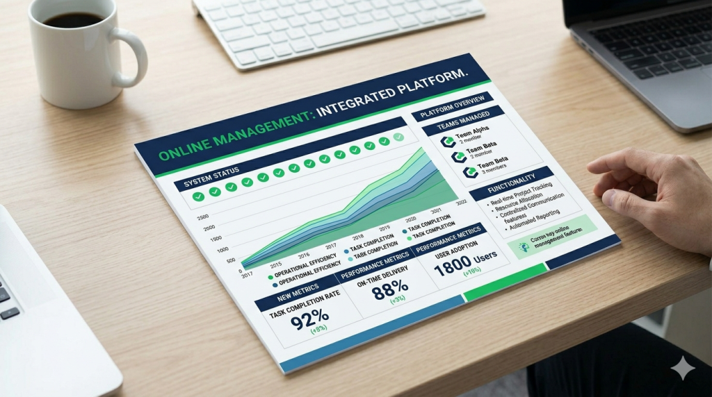 A detailed dashboard infographic on a printed document titled "ONLINE MANAGEMENT: INTEGRATED PLATFORM." It features sections for System Status, an operational efficiency graph, Teams Managed, Functionality, Performance Metrics, and User Adoption, next to a coffee mug and a hand on a wooden desk.