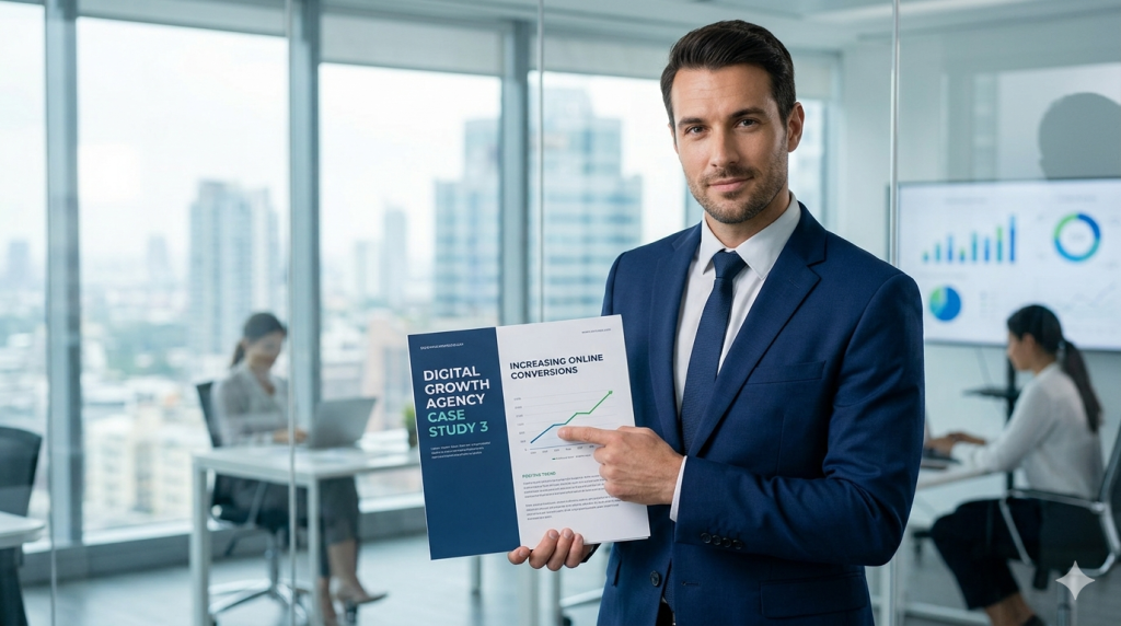 A man in a navy blue suit holding up a "Digital Growth Agency" case study document, with a woman working at a desk in a modern, city-view office in the background.