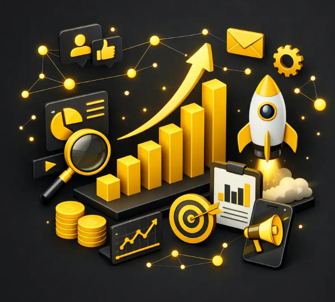 3D illustration showing digital marketing growth with charts, analytics, rocket launch, target icon, and marketing tools on a dark background.
