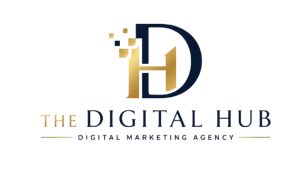 Elegant gold and navy blue logo design for The Digital Hub digital marketing agency featuring a modern HD monogram with pixel elements.
